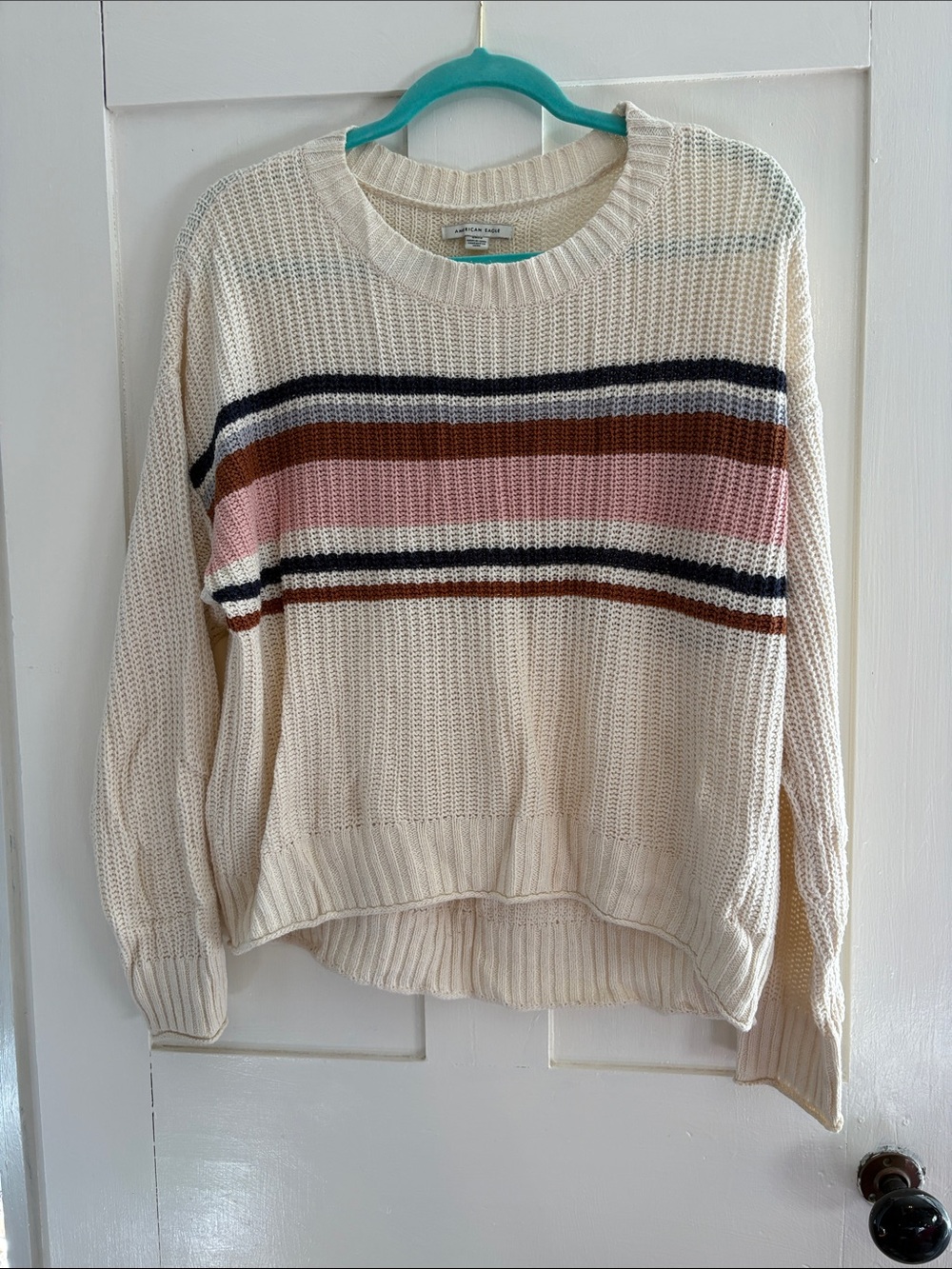 American Eagle Outfitters Cream Crewneck Sweater with Pink, Brown & Navy Stripes